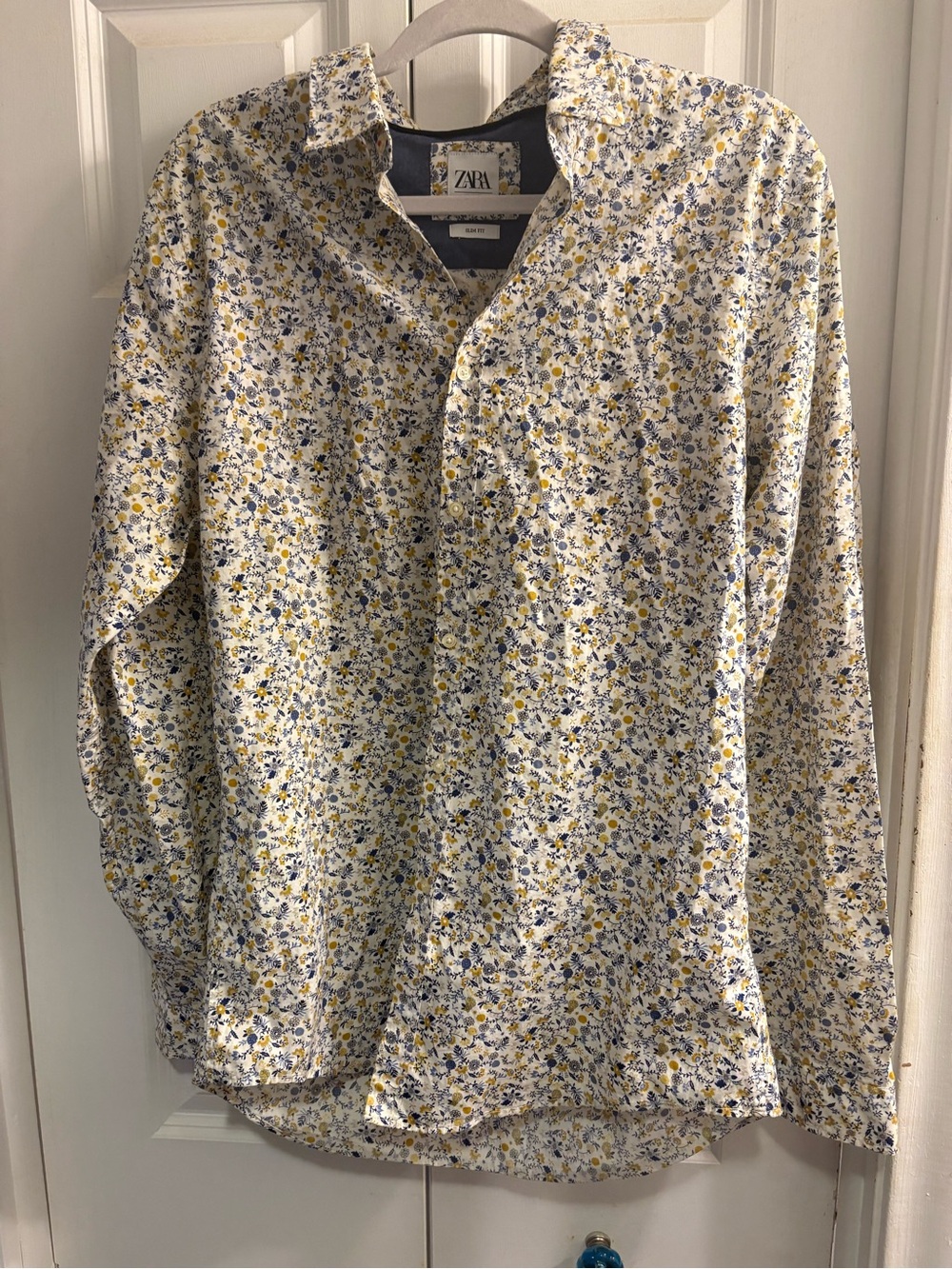 Zara Men's White Floral Dress Shirt slim fit with Blue & Yellow Accents